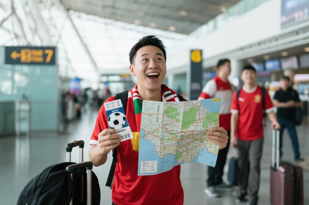 球迷手持地图和足球门票在机场准备出发旅行,充满期待的表情